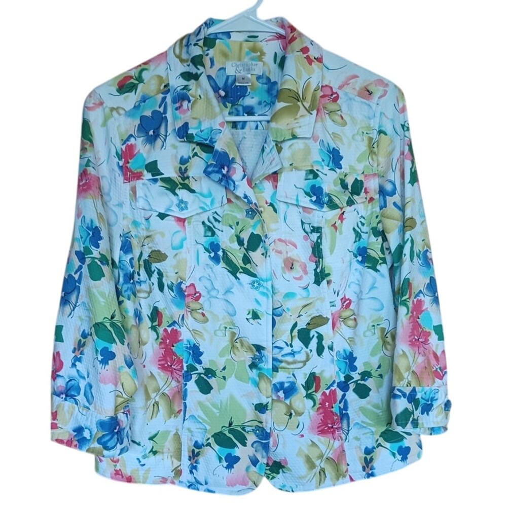 Christopher & Banks Multicolor Floral Blazer Women's Medium 100% Cotton Summer
